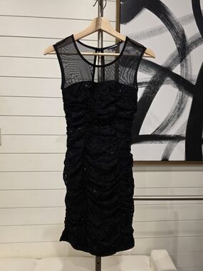 Black Sheer Yoke Ruched Cocktail Dress